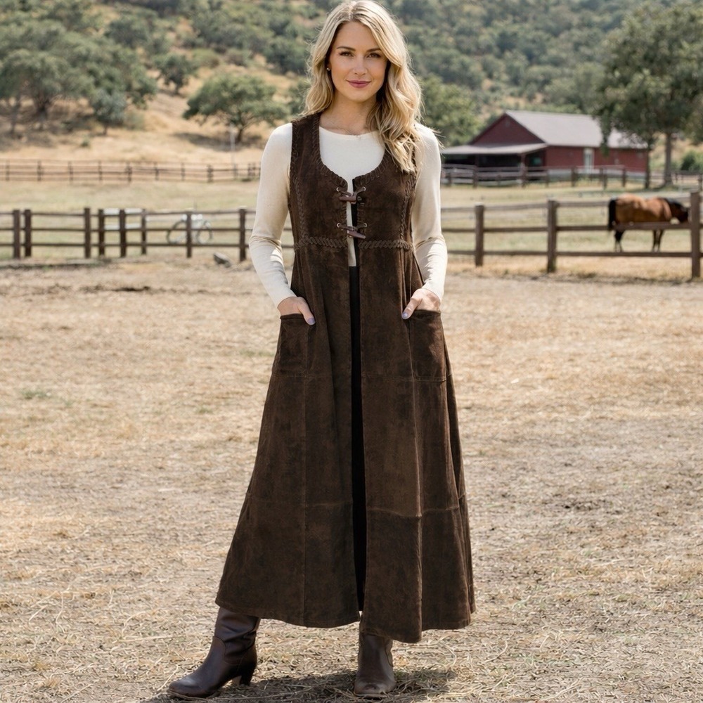 Vintage Jane Seymour 100% Leather Maxi Vest Boho Equestrian Rodeo Cowgirl SML